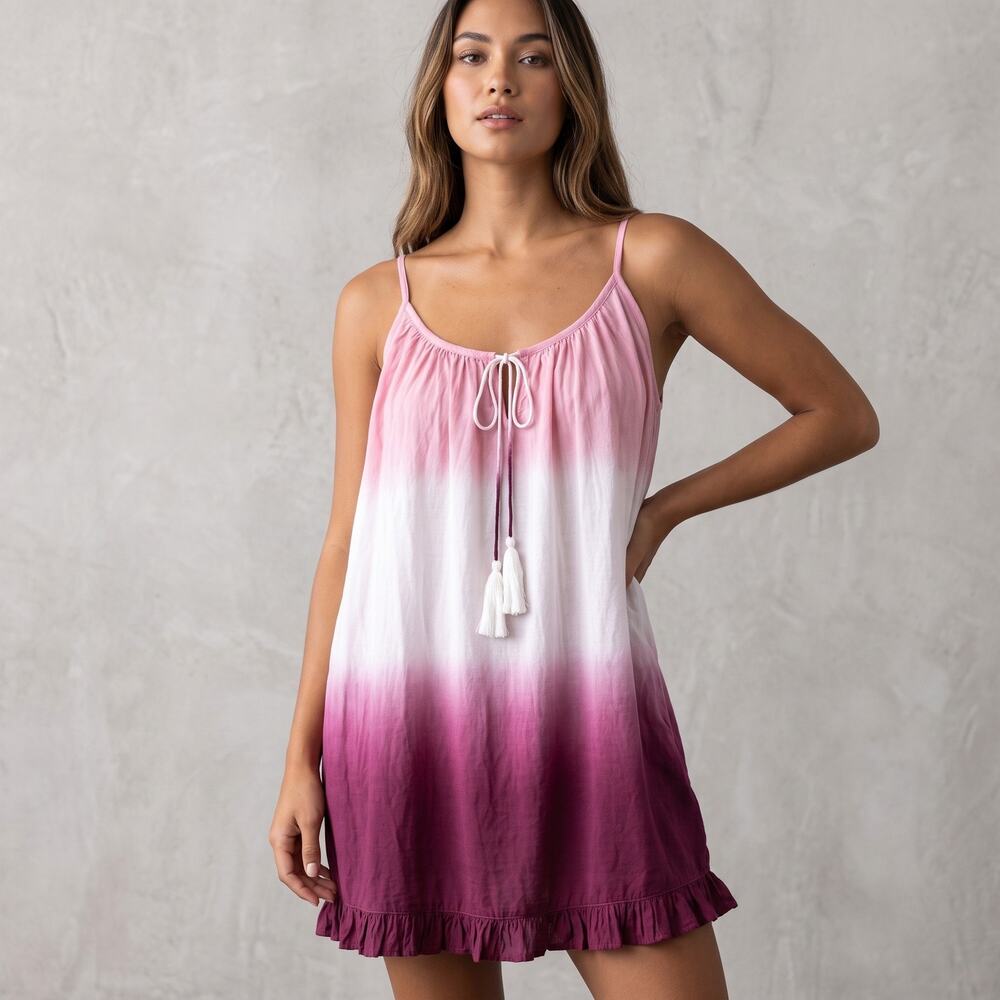 Lani Lau Women's Ombre Tie Dye Mini Dress Boho Tassel Ruffle Hawaiian Pink S/M